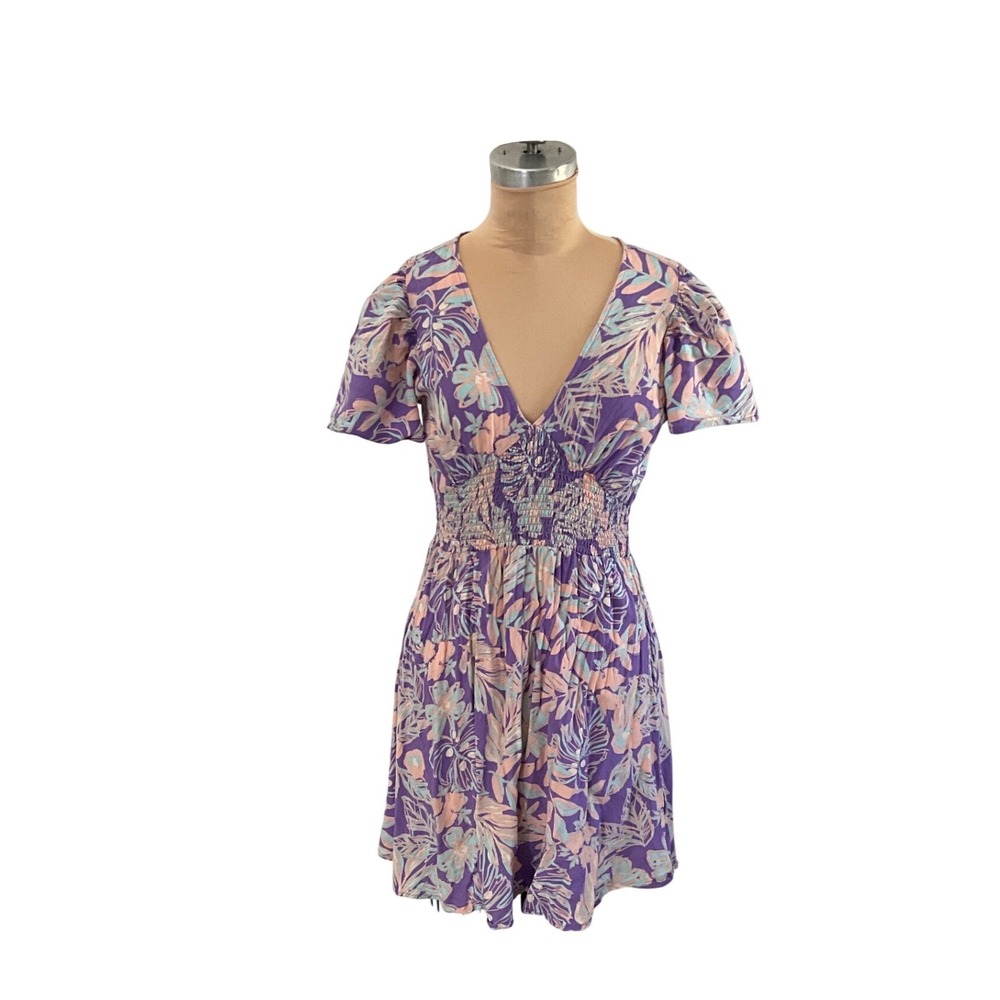 Rip Curl‎ Purple Floral Mini Dress V Neck Smocked Waist Boho Beach Women Size XS
